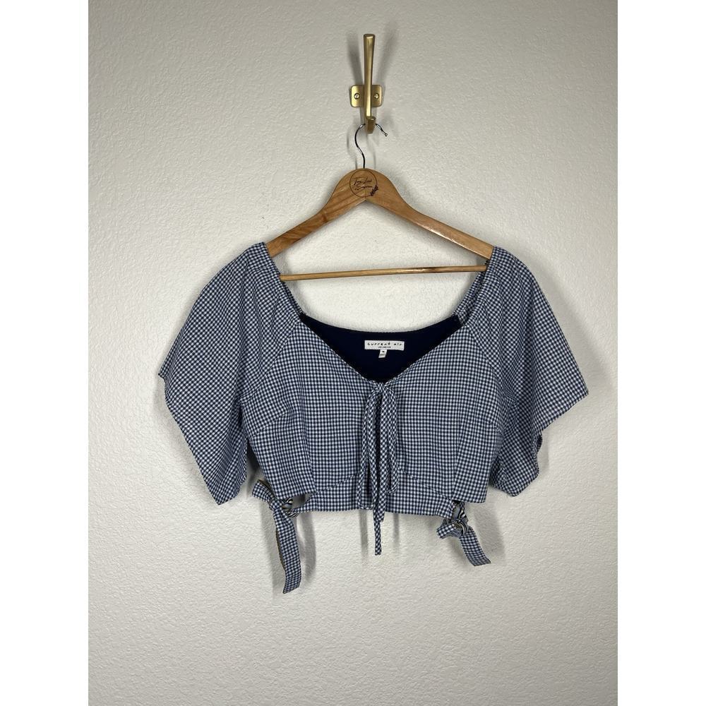 Current Air Plaid Crop Top Medium Blue White Flutter Sleeves Side Ties